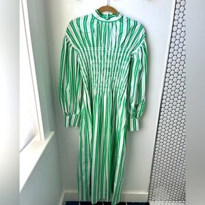GANNI cotton long sleeve striped dress with smocking